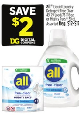 all® Liquid Laundry Detergent Free Clear or Mighty Pacs®