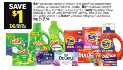 Gain® Liquid Laundry Detergent, Flings!™, Powder Detergent or Liquid Fabric Softener, Tide® Liquid Laundry Detergent, Downy® or Mega Sheets
