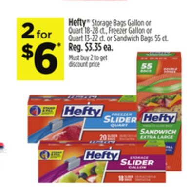 Hefty® Storage Bags Gallon or Quart 18-28 ct., Freezer Gallon or Quart 13-22 ct. or Sandwich Bags 55 ct.