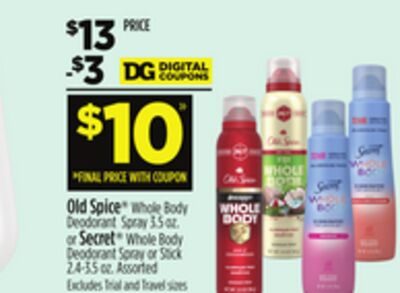 Old Spice® Whole Body Deodorant Spray 3.5 oz. or Secret® Whole Body Deodorant Spray or Stick 2.4-3.5 oz.
