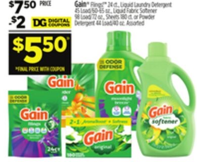 Gain® Flings!™, Liquid Laundry Detergent, Liquid Fabric Softener, Sheets or Powder Detergent