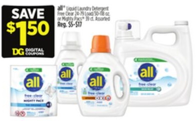 all® Liquid Laundry Detergent Free Clear or Mighty Pacs®