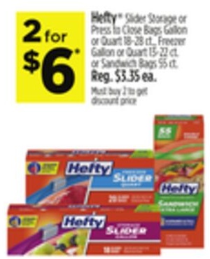 Hefty® Slider Storage or Press to Close Bags Gallon or Quart 18-28 ct., Freezer Gallon or Quart 13-22 ct. or Sandwich Bags 55 ct.