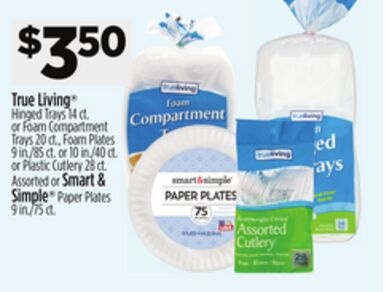 True Living® Hinged Trays or Foam Compartment Trays, Foam Plates or Plastic Cutlery Assorted or Smart & Simple® Paper Plates
