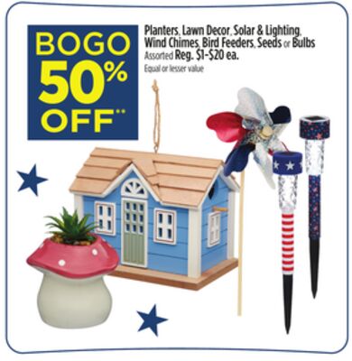 Planters, Lawn Decor, Solar & Lighting, Wind Chimes, Bird Feeders, Seeds or Bulbs
