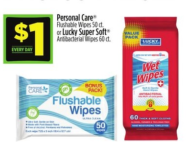 Personal Care® Flushable Wipes or Lucky Super Soft® Antibacterial Wipes