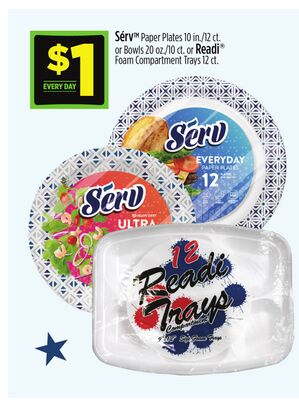 Sérv Paper Plates or Bowls or Readi® Foam Compartment Trays