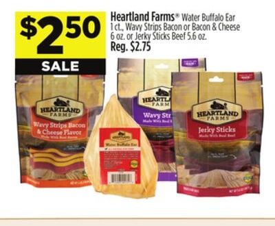 Heartland Farms® Water Buffalo Ear, Wavy Strips Bacon or Bacon & Cheese or Jerky Sticks Beef