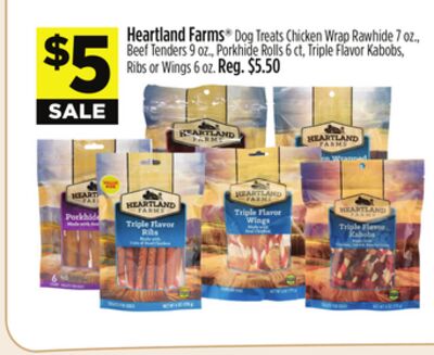 Heartland Farms® Dog Treats Chicken Wrap Rawhide 7 oz., Beef Tenders 9 oz., Porkhide Rolls 6 ct, Triple Flavor Kabobs, Ribs or Wings 6 oz.