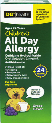 DG® health Children's Allergy Relief Tablets or Chewable Tablets 10 ct., Grape Liquid 4 oz. or All Day Allergy Relief Grape Liquid 4 oz.