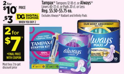 Tampax® Tampons 12-18 ct. or Always® Liners 40-72 ct. or Pads 20 ct. or Less