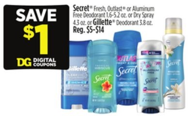 Secret® Fresh, Outlast® or Aluminum Free Deodorant or Dry Spray or Gillette® Deodorant