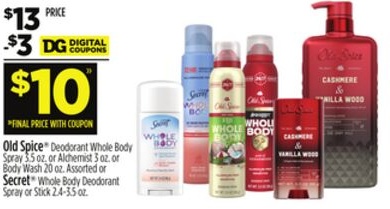 Old Spice® Deodorant Whole BodySpray, Alchemist or Body Wash Assorted or Secret® Whole Body Deodorant Spray or Stick