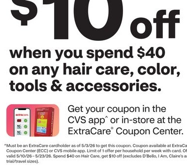 Get $10 off when you spend $40 on any hair care, color, tools & accessories