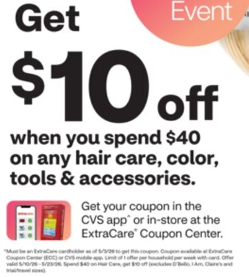 Get $10 off when you spend $40 on any hair care, color, tools & accessories.