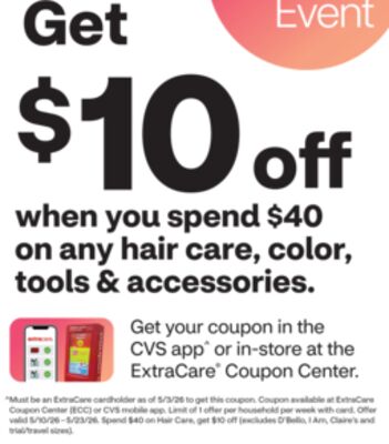 Get $10 off when you spend $40 on any hair care, color, tools & accessories