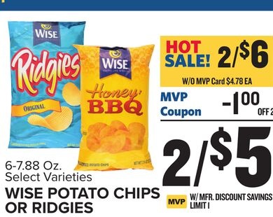 Wise Potato Chips or Ridgies