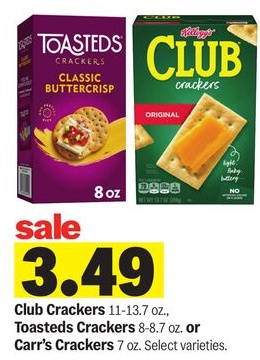 Club Crackers 11-13.7 oz., Toasteds Crackers 8-8.7 oz. or Carr's Crackers 7 oz. Select varieties.