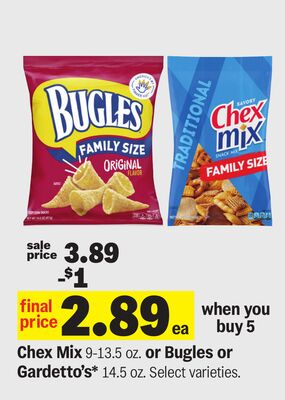 Chex Mix 9-13.5 oz. or Bugles or Gardetto's* 14.5 oz.