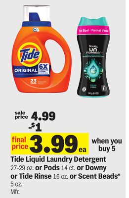 Tide Liquid Laundry Detergent 27-29 oz. or Pods 14 ct. or Downy or Tide Rinse 16 oz. or Scent Beads* 5 oz.