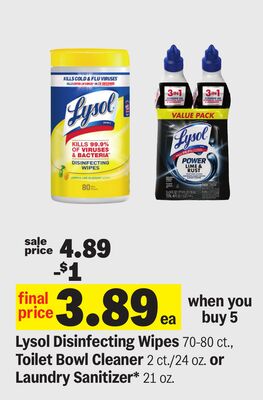 Lysol Disinfecting Wipes 70-80 ct., Toilet Bowl Cleaner 2 ct./24 oz. or Laundry Sanitizer* 21 oz.