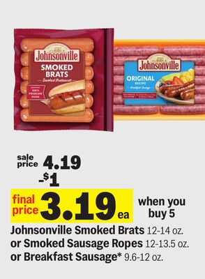 Johnsonville Smoked Brats 12-14 oz. or Smoked Sausage Ropes 12-13.5 oz. or Breakfast Sausage* 9.6-12 oz.
