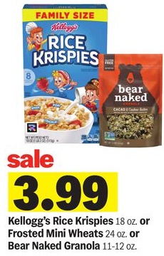 Kellogg's Rice Krispies 18 OZ. or Frosted Mini Wheats 24 OZ. or Bear Naked Granola 11-12 oz.