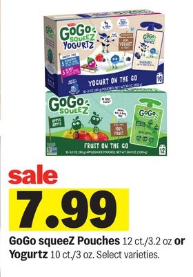 GoGo squeeZ Pouches 12 ct./3.2 oz or Yogurtz 10 ct./3 oz.