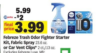 Febreze Trash Odor Fighter Starter Kit, Fabric Spray 23.6 oz. or Car Vent Clips* 2 ct./.13 oz.