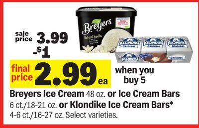 Breyers Ice Cream 48 oz. or Ice Cream Bars 6 ct./18-21 oz. or Klondike Ice Cream Bars* 4-6 ct./16-27 oz.