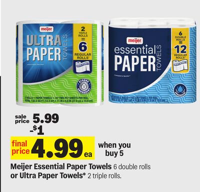 Meijer Essential Paper Towels 6 double rolls or Ultra Paper Towels* 2 triple rolls.