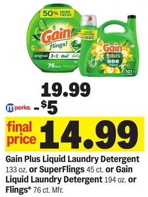 Gain Plus Liquid Laundry Detergent 133 oz. or SuperFlings 45 ct. or Gain Liquid Laundry Detergent 194 oz. or Flings* 76 ct.