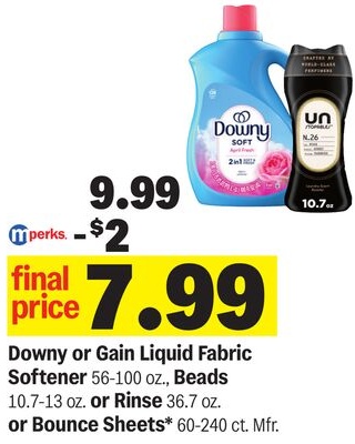Downy or Gain Liquid Fabric Softener 56-100 oz., Beads 10.7-13 oz. or Rinse 36.7 oz. or Bounce Sheets* 60-240 ct. Mfr.