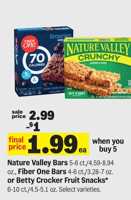 Nature Valley Bars 5-6 ct./4.59-8.94 oz., Fiber One Bars 4-6 ct./3.28-7 oz. or Betty Crocker Fruit Snacks* 6-10 ct./4.5-5.1 oz.