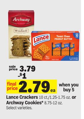 Lance Crackers 10 ct./1.25-1.75 oz. or Archway Cookies* 8.75-12 oz.