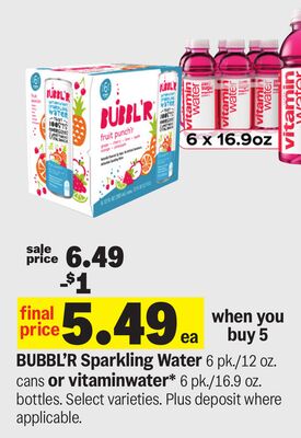 BUBBL'R Sparkling Water 6 pk./12 oz. cans or vitaminwater* 6 pk., 16.9 oz. bottles