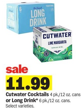 Cutwater Cocktails 4 pk./12 oz. cans or Long Drink* 6 pk./12 oz. cans.