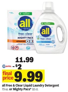 all Free & Clear Liquid Laundry Detergent 73 oz. or Mighty Pacs® 32 ct.