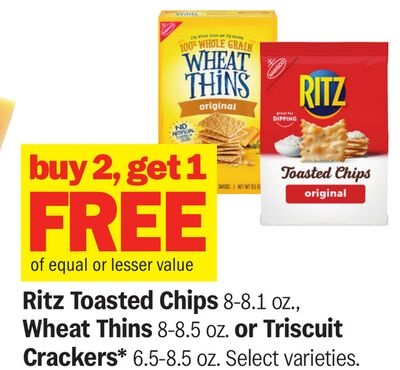 Ritz Toasted Chips 8-8.1 OZ., Wheat Thins 8-8.5 OZ. or Triscuit Crackers* 6.5-8.5 oz.