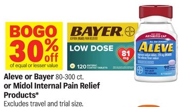Aleve or Bayer 80-300 ct. or Midol Internal Pain Relief Products*