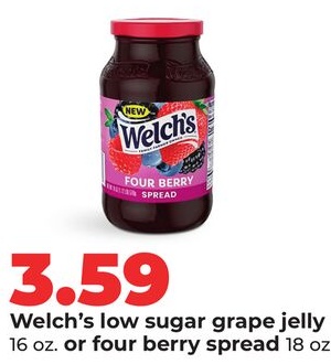 Welch's low sugar grape jelly 16 oz. or four berry spread 18 oz