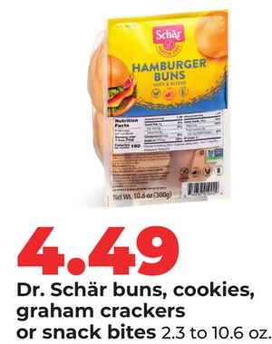 Dr. Schär buns, cookies, graham crackers or snack bites