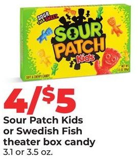 Sour Patch Kids or Swedish Fish theater box candy