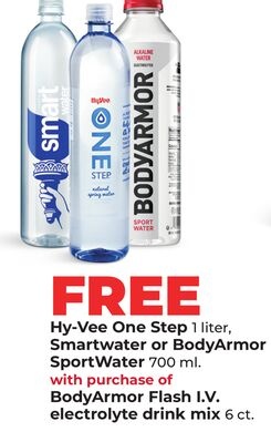 Hy-Vee One Step 1 liter, Smartwater or BodyArmor Sport Water 700 ml.