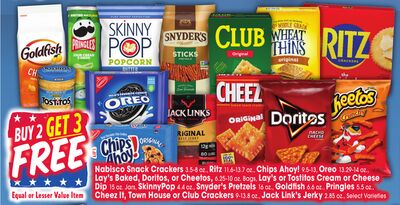 Nabisco Snack Crackers 3.5-8 oz., Ritz 11.6-13.7 oz., Chips Ahoy! 9.5-13, Oreo 13.29-14 oz., Lay's Baked, Doritos, or Cheetos, 6.25-10 oz. Bags, Lay's or Tostitos Cream or Cheese Dip 15 oz. Jars, SkinnyPop 4.4 oz., Snyder's Pretzels 16 oz.