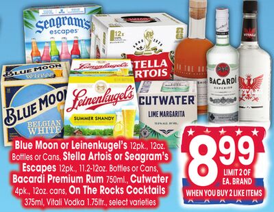 Blue Moon or Leinenkugel's 12pk., 12oz. Bottles or Cans, Stella Artois or Seagram's Escapes 12pk., 11.2-12oz. Bottles or Cans, Bacardi Premium Rum 750ml, Cutwater 4pk., 12oz. cans, On The Rocks Cocktails 375ml, Vitali Vodka 1.75ltr, select varieties