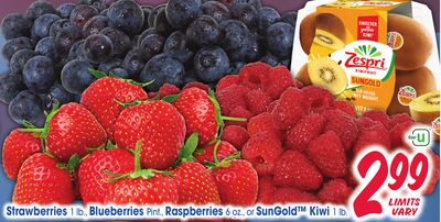 Strawberries 1 lb., Blueberries Pint, Raspberries 6 oz., or SunGold™ Kiwi 1 lb.