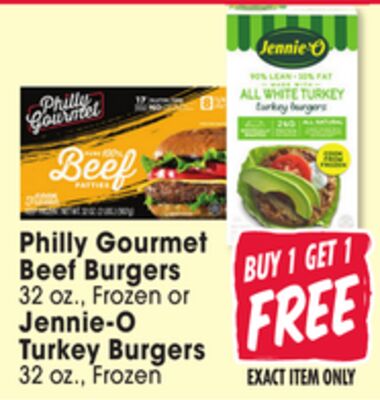Philly Gourmet Beef Burgers 32 oz., Frozen or Jennie-O Turkey Burgers 32 oz., Frozen