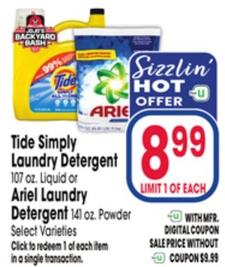 Tide Simply Laundry Detergent 107 oz. Liquid or Ariel Laundry Detergent 141 oz. Powder