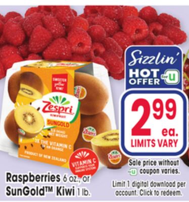 Raspberries 6 OZ., Or SunGold™ Kiwi 1 lb.